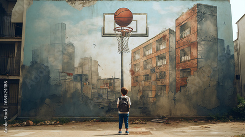 Boy looking at a wall with a painting of a basketball basket photo