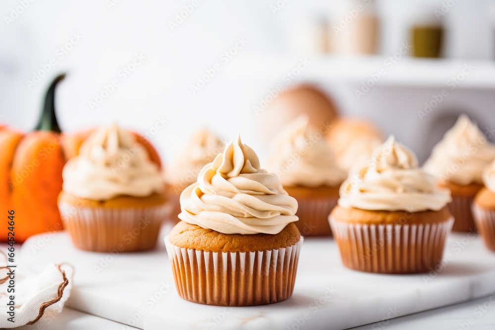 Delicious pumpkin cupcake with buttercream on light background.