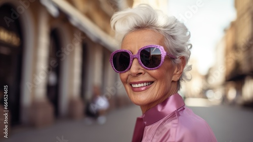 Portrait of an attractive elderly woman in sunglasses and a pink blouse