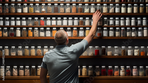 A man inspecting jars on an apothecary shelf