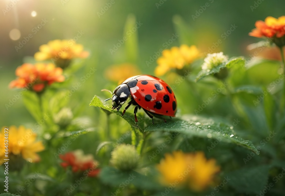 Beautiful blurred close up ladybug stay at meadow flower nature with blooming glade Beautiful blurred close up ladybug stay at meadow flower nature with blooming glade