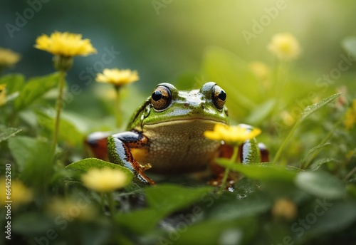 Beautiful blurred close up frog stay at meadow flower nature with blooming glade © Jasmine
