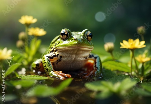 Beautiful blurred close up frog stay at meadow flower nature with blooming glade