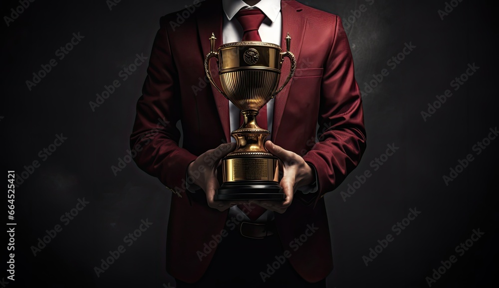 boss holding champion golden trophy