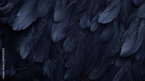 Black wing feathers detail, abstract dark background. Black feather texture photo