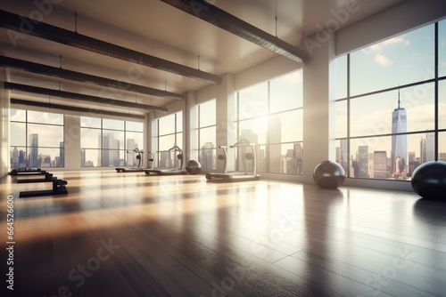 Spacious gym with urban skyline  computer-generated image. Generative AI