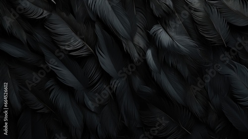 Black wing feathers detail, abstract dark background. Black feather texture