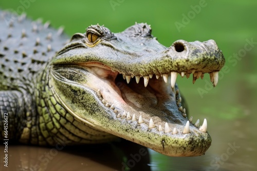 Crocodile with its mouth wide open with a green lake in the green background. © Md
