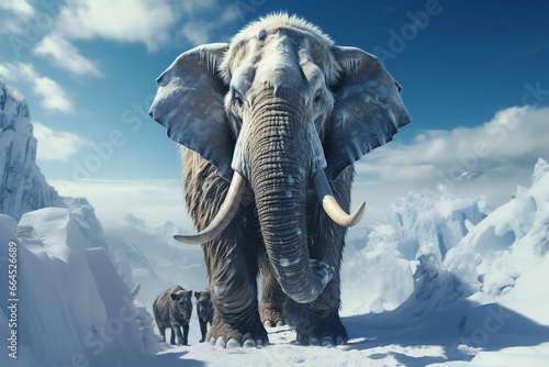 Elephant des neiges, paysages enneigé avec un animal du désert dans des montagnes d'hiver photo