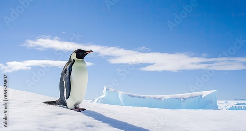 Penguin standing in Antarctica looking into the blue sky.