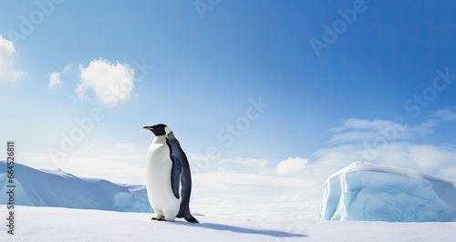 Penguin standing in Antarctica looking into the blue sky.