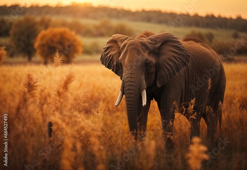 A elephant On abstract autumn field landscape at sunset with soft focus. dry ears of grass in the meadow © Jasmine