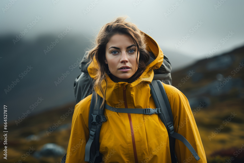 Portrait of a beautiful young woman in a yellow jacket with a backpack against the backdrop of mountains. Female tourist is engaged in hiking. Active lifestyle, travel and trekking concept. Portrait of a beautiful young woman in a yellow jacket with a backpack against the backdrop of mountains. Female tourist is engaged in hiking. Active lifestyle, travel and trekking concept.