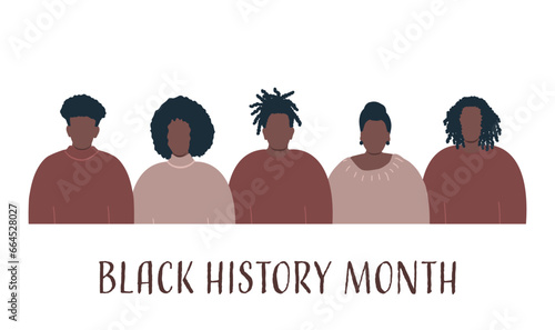 black people group. Black history month concept. Solidarity of different black men and black women. Vector illustration