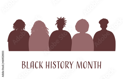 black people group. Brown silhouettes of black men and black women. Black history month concept. Solidarity of different men and women. Vector illustration
