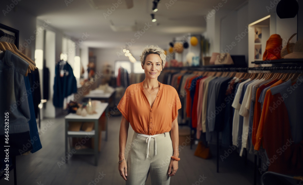 Portrait of beautiful young woman in a women's clothing and accessories store. Owner or manager with elegant short hairstyle greets customers. Successful small business in beauty and fashion industry.