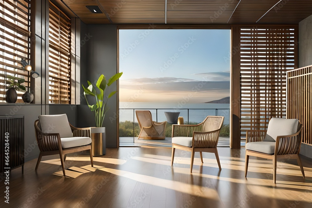 Fototapeta premium Modern living room with a outside view of Sea.