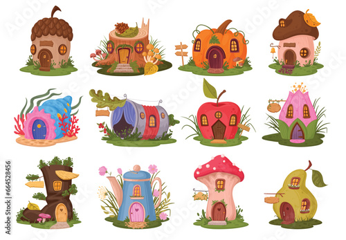 Fairytale houses. Cartoon fantasy fairy tale mushroom, seashell and flower cabins flat vector illustration set. Magic world cute house collection