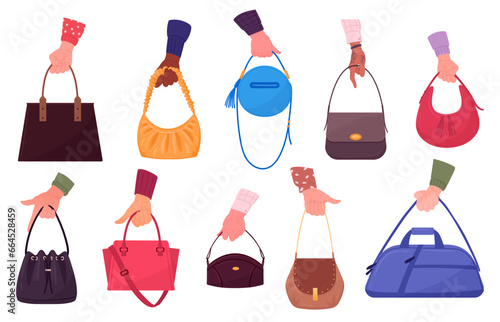 Hands holding bags. Fashionable leather bags in hands, female hands hold shopper, satchel and tote bags, casual accessories ad campaign flat vector illustration set. Casual leather bags in hands