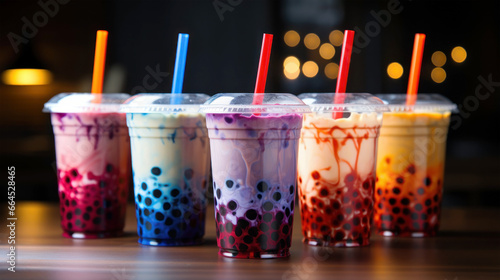 Closeup of a colorful assortment of bubble / boba milk tea cocktail drinks on a table