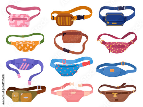 Waist bags. Cartoon casual nylon belt bags with zipper pockets and cute design, vintage 90s fashion pouch flat vector illustration set. Hand drawn waist bags collection