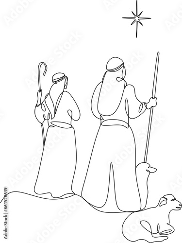 Merry Christmas shepherd and sheeps. Continuous one line drawing. Vector illustration
