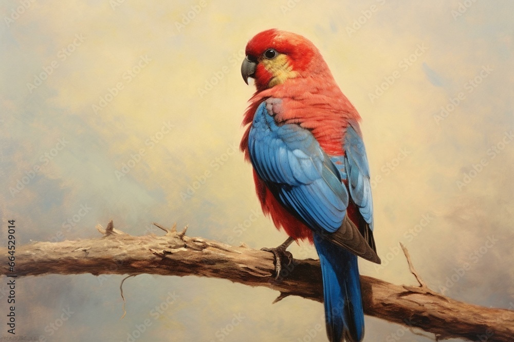 A solitary rosella parrot on a plain backdrop. Generative AI