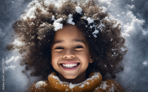 Top view shot of black mixed race girl child with an afro smiling and laying in the snow