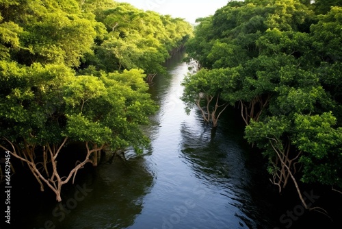 River surrounded by dense mangrove trees. Generative AI
