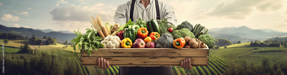 agricultor sosteniendo una caja con todo tipo de verduras frescas, con fondo de campo labrado - obrazy, fototapety, plakaty 
