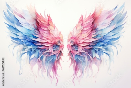 Beautiful magic watercolor blue pink wings. © Md