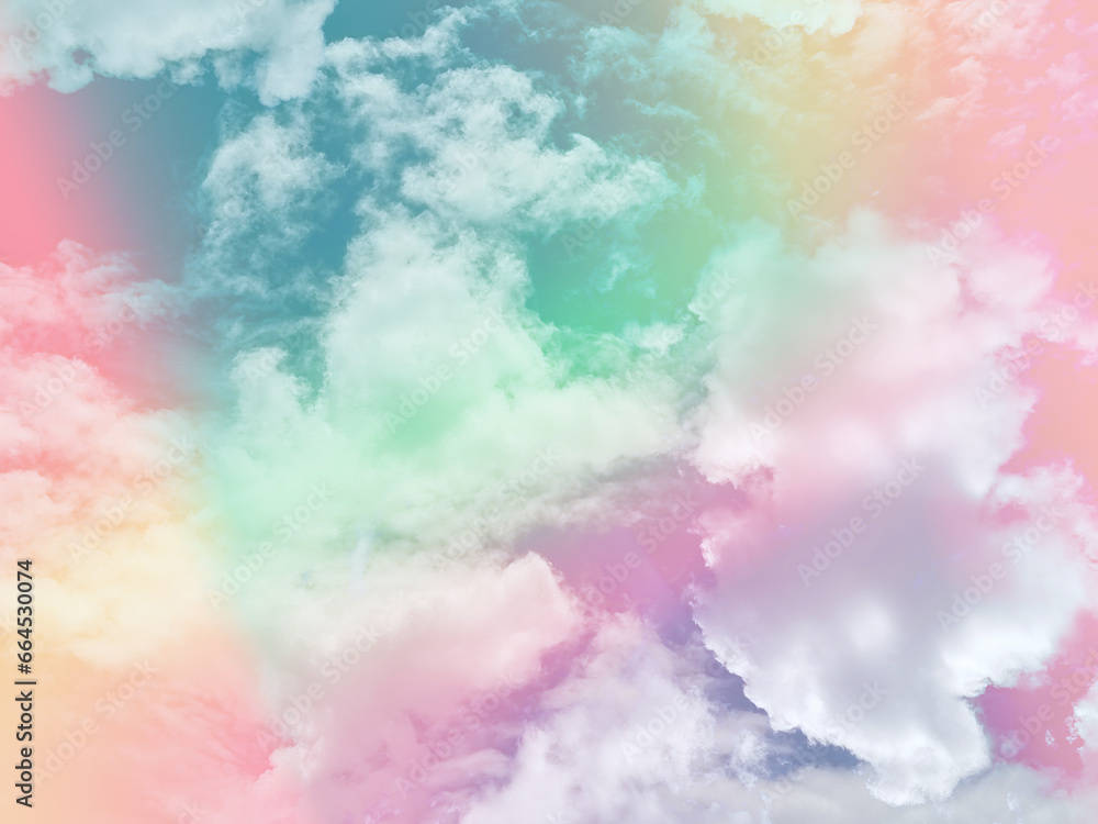 beauty abstract sweet pastel soft pink and green with fluffy clouds on sky. multi color rainbow image. fantasy growing light