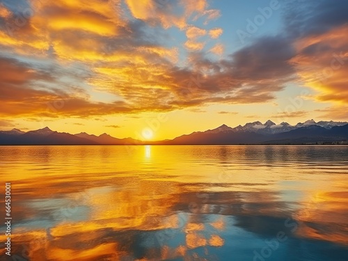 Bright sunset over Lake golden clouds reflect in the water.