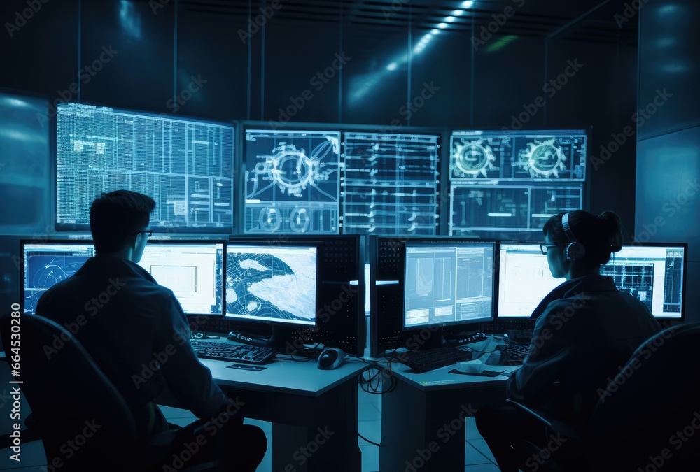 Network operations center ( NOC) with technicians monitoring network traffic Network operations center ( NOC) with technicians monitoring network traffic