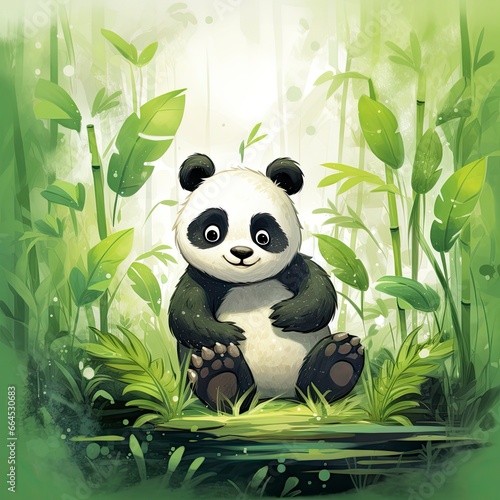 Cute panda in the middle of a bamboo forest. T-shirt design.