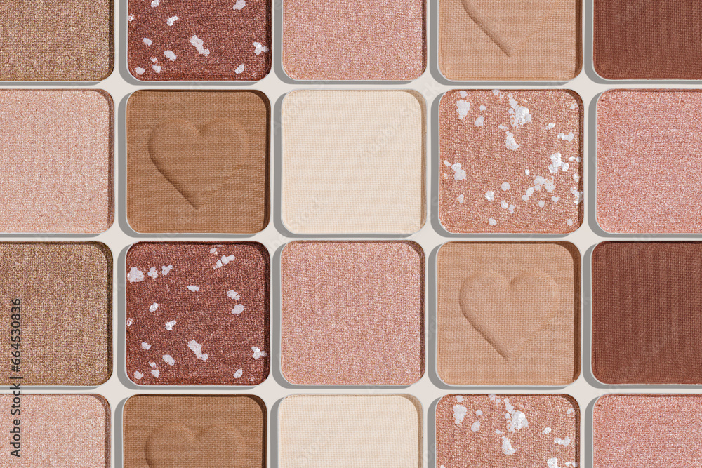 Fototapeta premium Eye shadows beige color swatches, creative cosmetic texture background, different shiny and matte eyeshadow, trend geometric pattern, aesthetic beauty template, neutral color powder for makeup