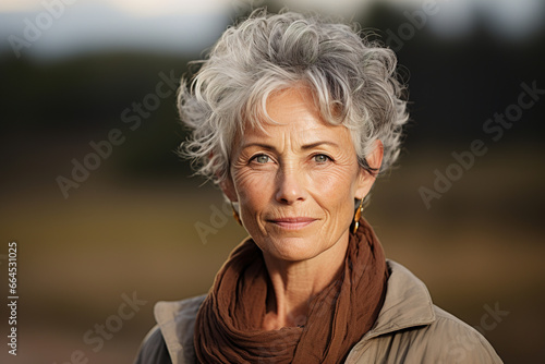 Portrait of a wrinkled elegant woman, senior lady with gray hair hairstyle and outerwear outdoors looking at camera