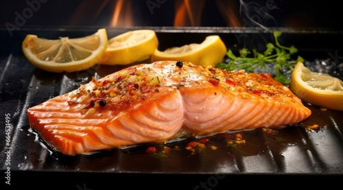 Gourmet cutlet of fresh salmon seasoned with herbs, spices, and lemon zest grilling on a griddle.