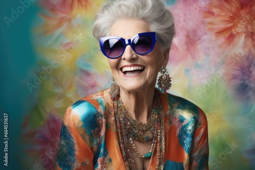 senior woman in sunglasses wearing colorful clothes