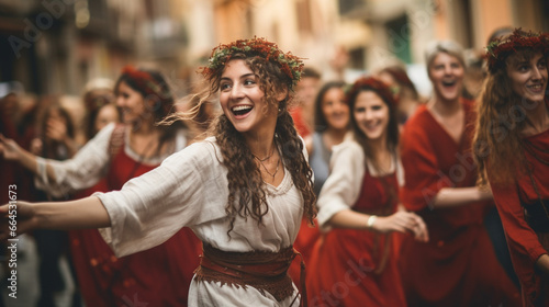 Roman Citizens Dancing Joyously in the Streets During Festive Saturnalia, The Roman Origins of Christmas, with copy space, blurred background