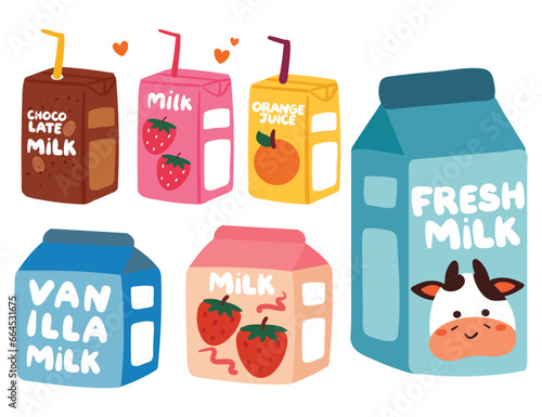 hand drawing cartoon milk and juice. drink carton sticker set