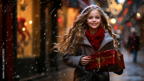 happy girl runs holding a wrapped present, amidst the snow and brightly coloured Christmas decorations of the street © AstralAngel