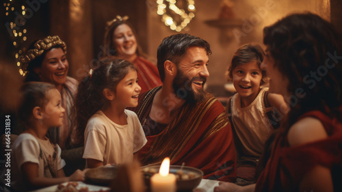 Ancient Roman Family Rejoicing in a Lavish Saturnalia Feast, The Roman Origins of Christmas, with copy space, blurred background
