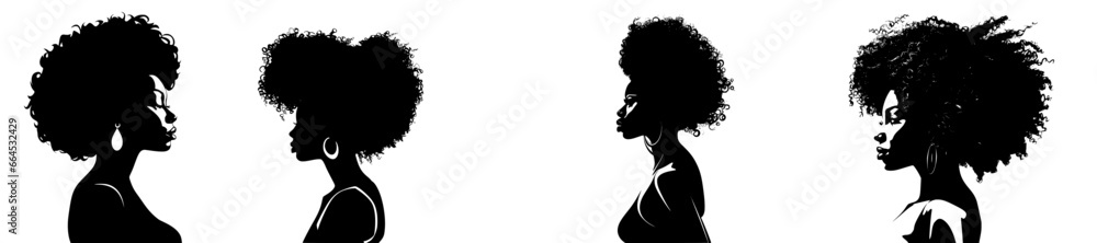 set of silhouettes representing afro braids and hairstyles diversity, editable vector	
