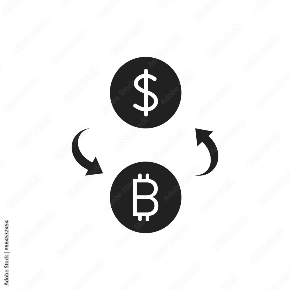 Dollar and bitcoin icon. Dollar, money and bitcoin exchange icon. Bitcoin payment, crypto icon, illustration. Dollar and bitcoin icon. Dollar, money and bitcoin exchange icon. Bitcoin payment, crypto icon, illustration.