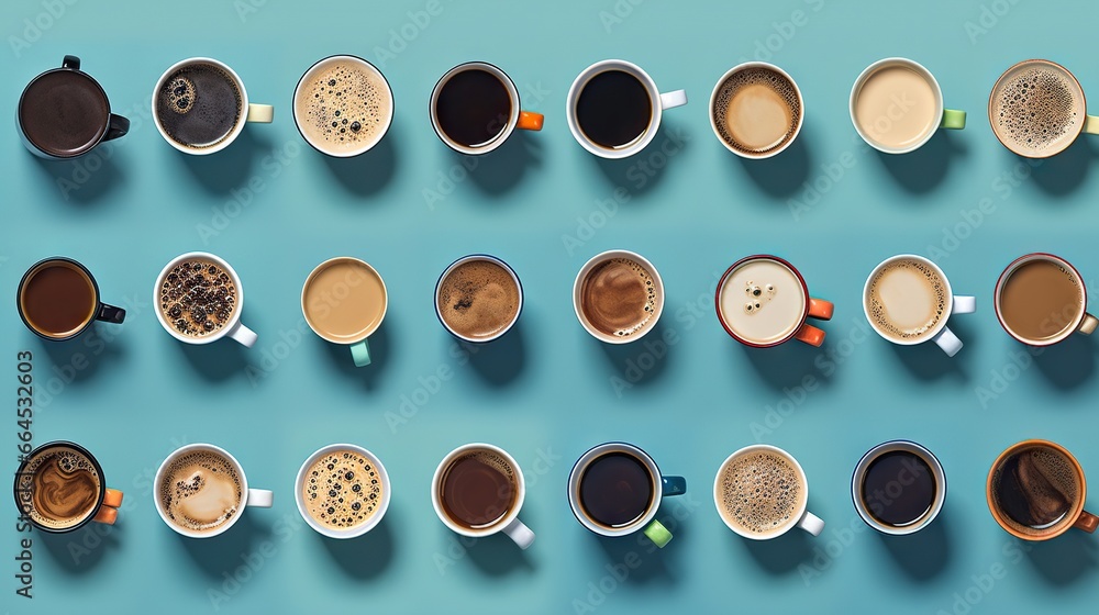 a number of cups of coffee on a blue surface with a blue background. generative ai a number of cups of coffee on a blue surface with a blue background. generative ai