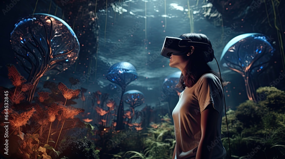 Obraz premium Visualize users wearing VR headsets and interacting with virtual environments, emphasizing the transformative and immersive nature of VR technology