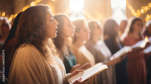 Choir Singing Hymns during an Epiphany Church Service, Epiphany, The adoration of baby Jesus, with copy space, blurred background photo