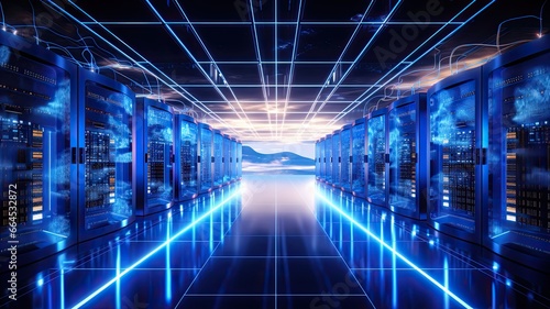 An image of a cloud server room with rows of servers and cables, illustrating the infrastructure behind cloud computing and data storage