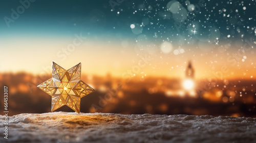 Epiphany Star Above a Peaceful Bethlehem Landscape, Epiphany, The adoration of baby Jesus, with copy space, blurred background photo